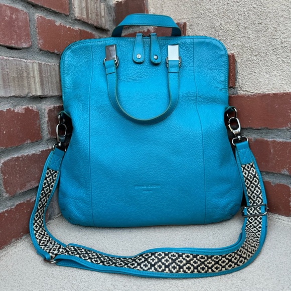 Charles Jourdan Leather Convertible Bag w/trendy guitar style strap in Aqua Blue - Picture 3 of 14